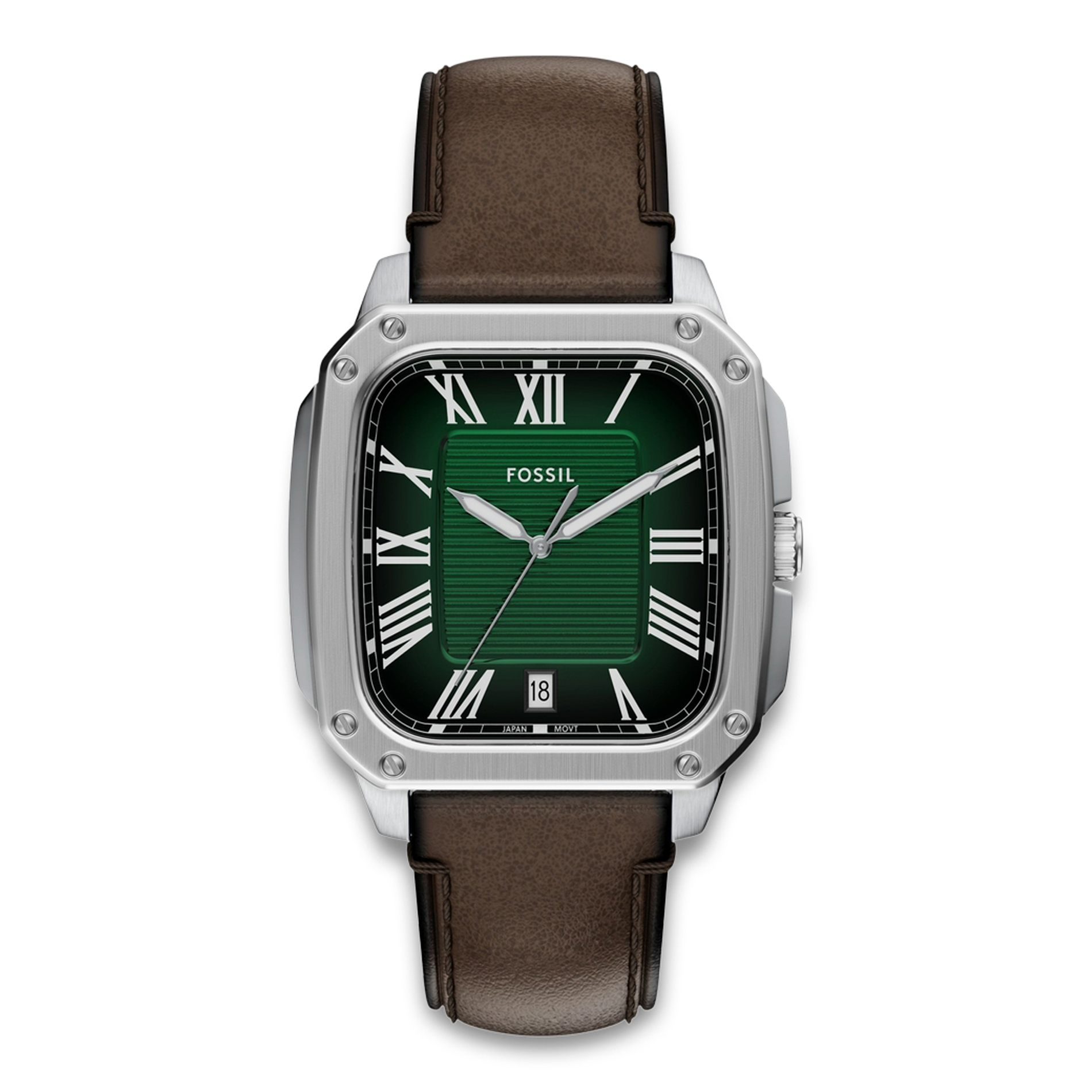 Fossil Crosby herreur 42 mm FS6150 med grøn firkantet urskive og brun læderrem