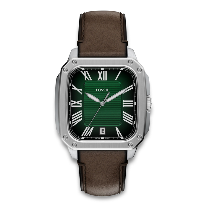 Fossil Crosby herreur 42 mm FS6150 med grøn firkantet urskive og brun læderrem