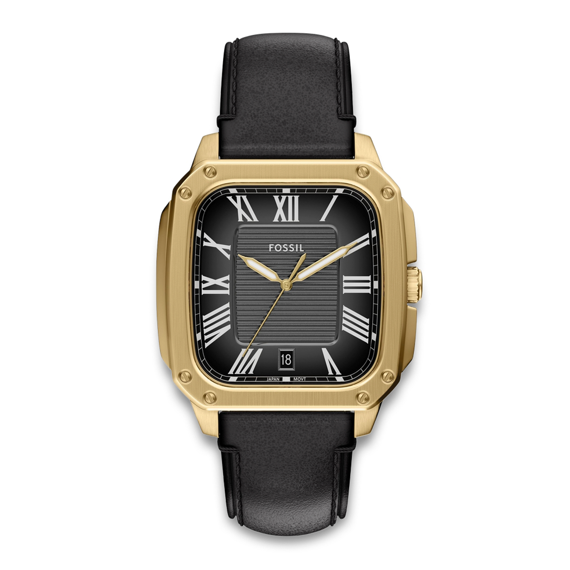 Fossil Crosby herreur 42 mm FS6151 med sort urskive, guldfarvet urkasse og sort læderrem