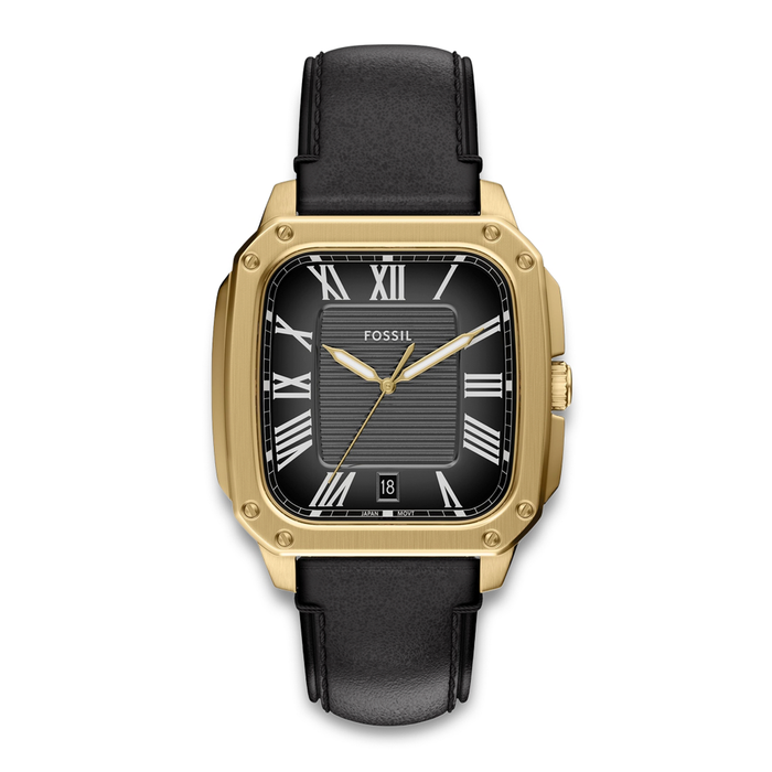 Fossil Crosby herreur 42 mm FS6151 med sort urskive, guldfarvet urkasse og sort læderrem