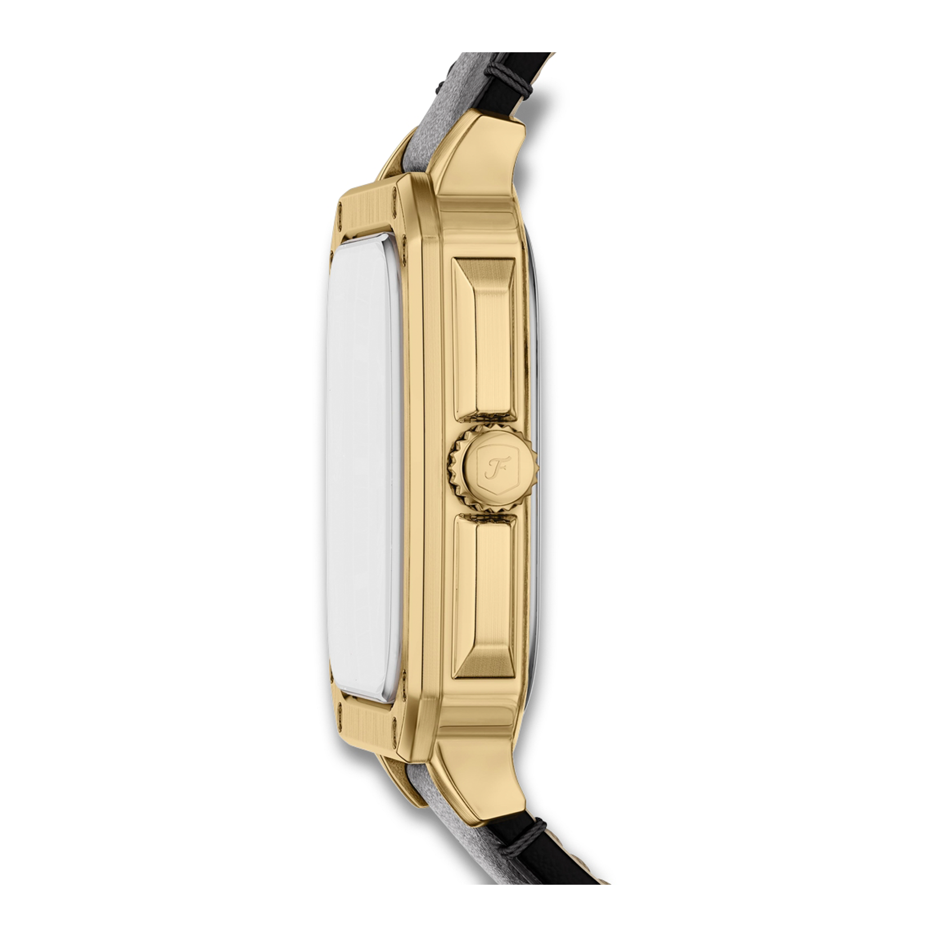 Sideprofil af Fossil Crosby FS6151 med guldfarvet urkasse