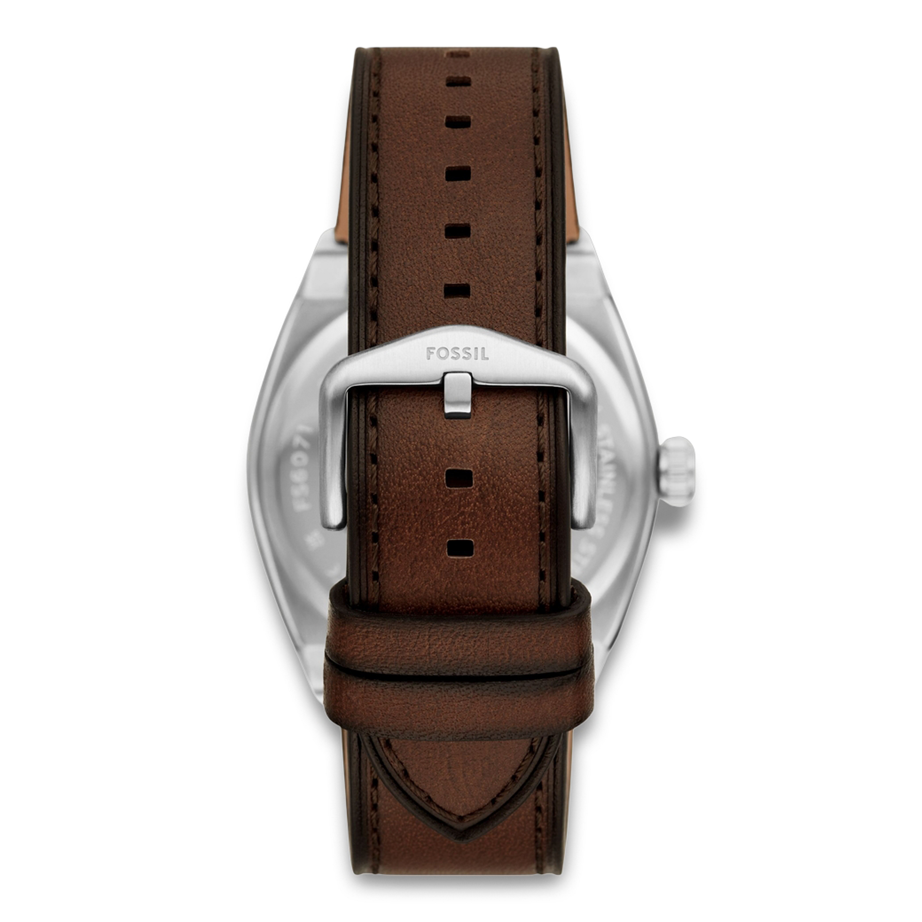 Bagside af Fossil Everett FS6071 med brun læderrem og spænde