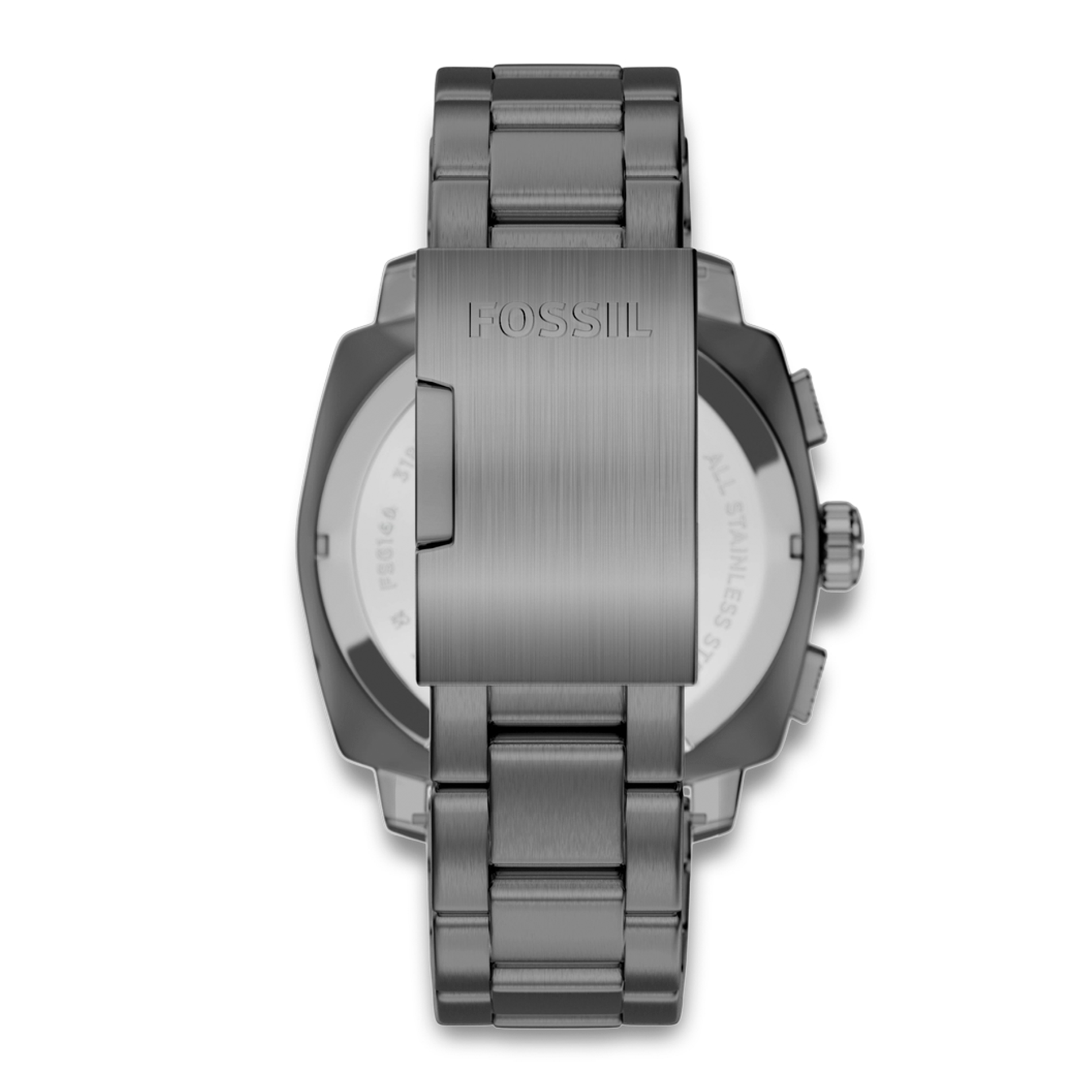 Bagside af Fossil Machine Chronograph FS6160 med gunmetal stållænke og foldespænde