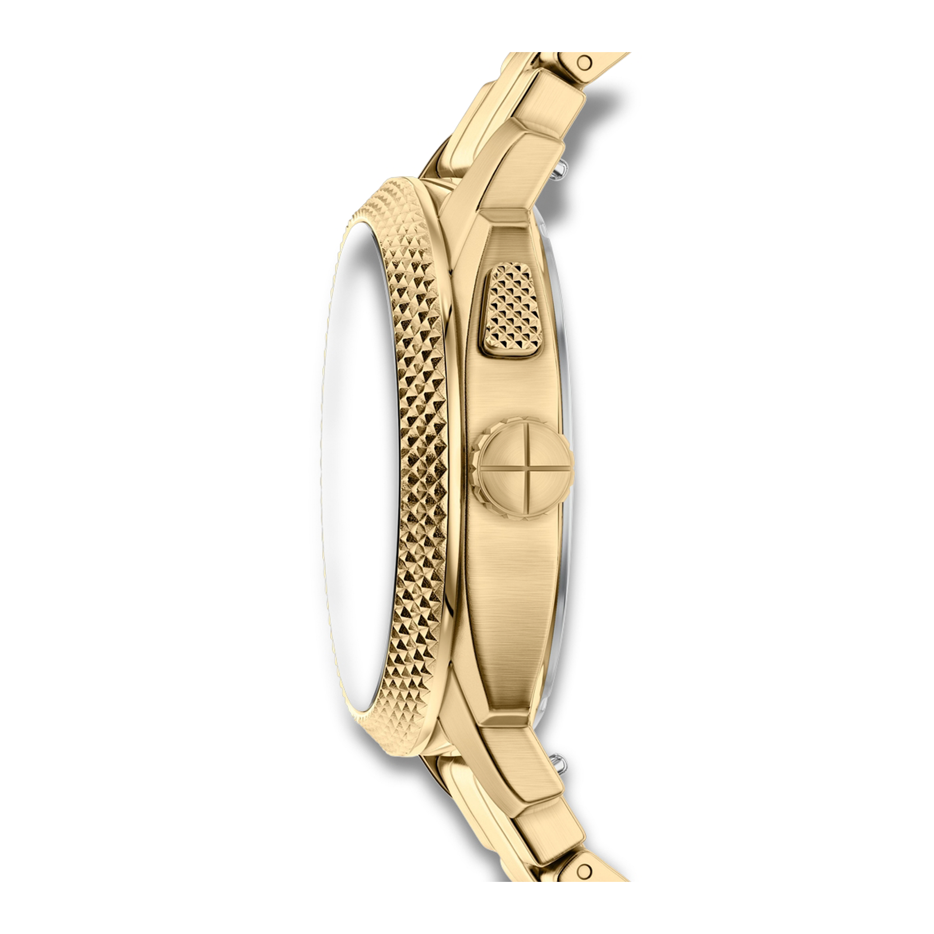 Sideprofil af Fossil Machine Big Tic FS6157 med guldfarvet urkasse og tekstureret lynette