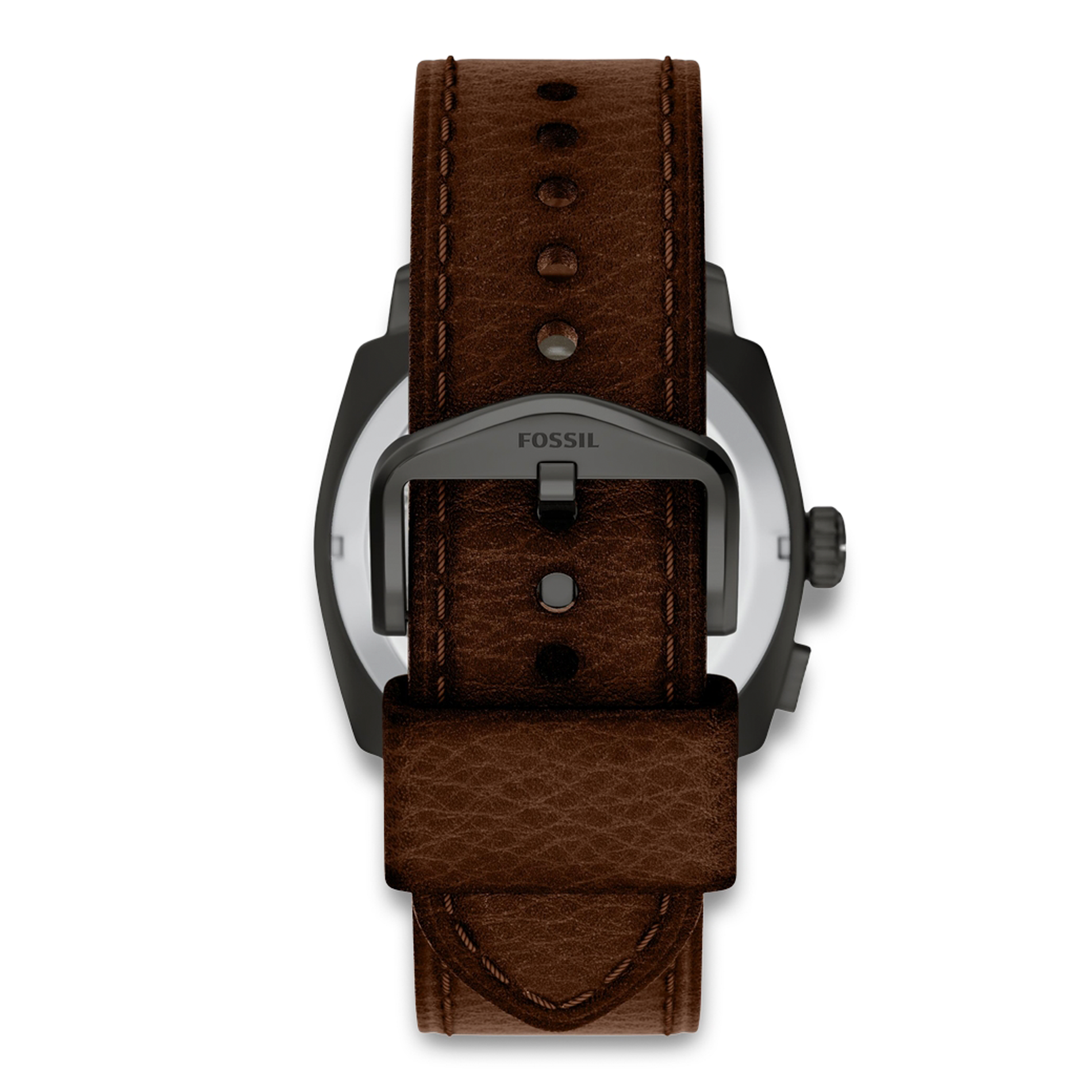 Bagside af Fossil Machine Big Tic FS6165 med brun læderrem og sort spænde