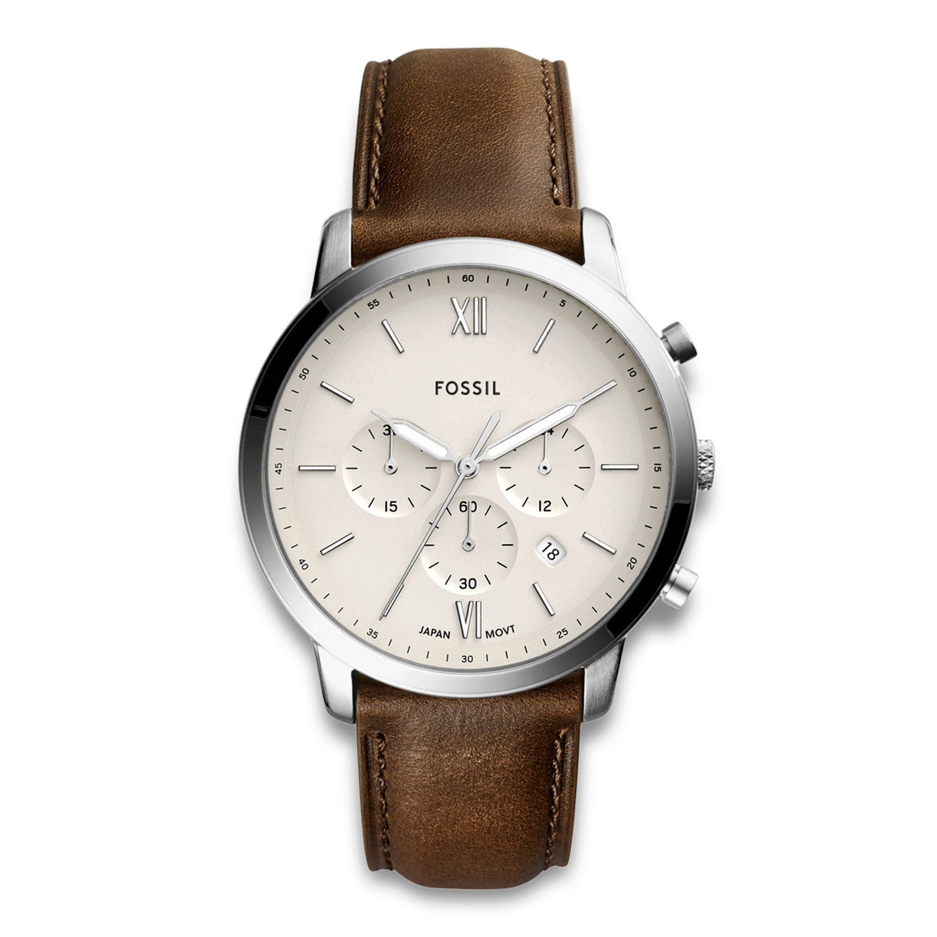 Fossil Neutra herreur 44 mm FS5380 med brun læderrem, lys urskive og kronograffunktion