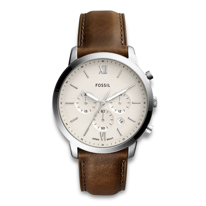 Fossil Neutra herreur 44 mm FS5380 med brun læderrem, lys urskive og kronograffunktion