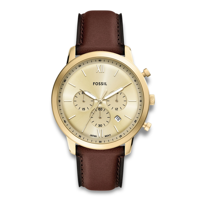 Fossil Neutra herreur 44 mm FS6113 med guldfarvet urskive og brun læderrem
