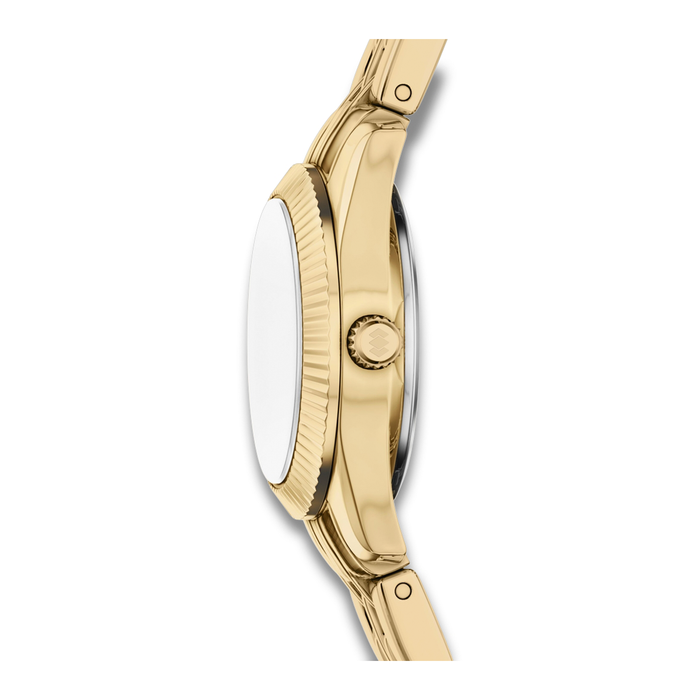 Sideprofil af Fossil Scarlette ES5474 med riflet lynette og guldfarvet urkasse