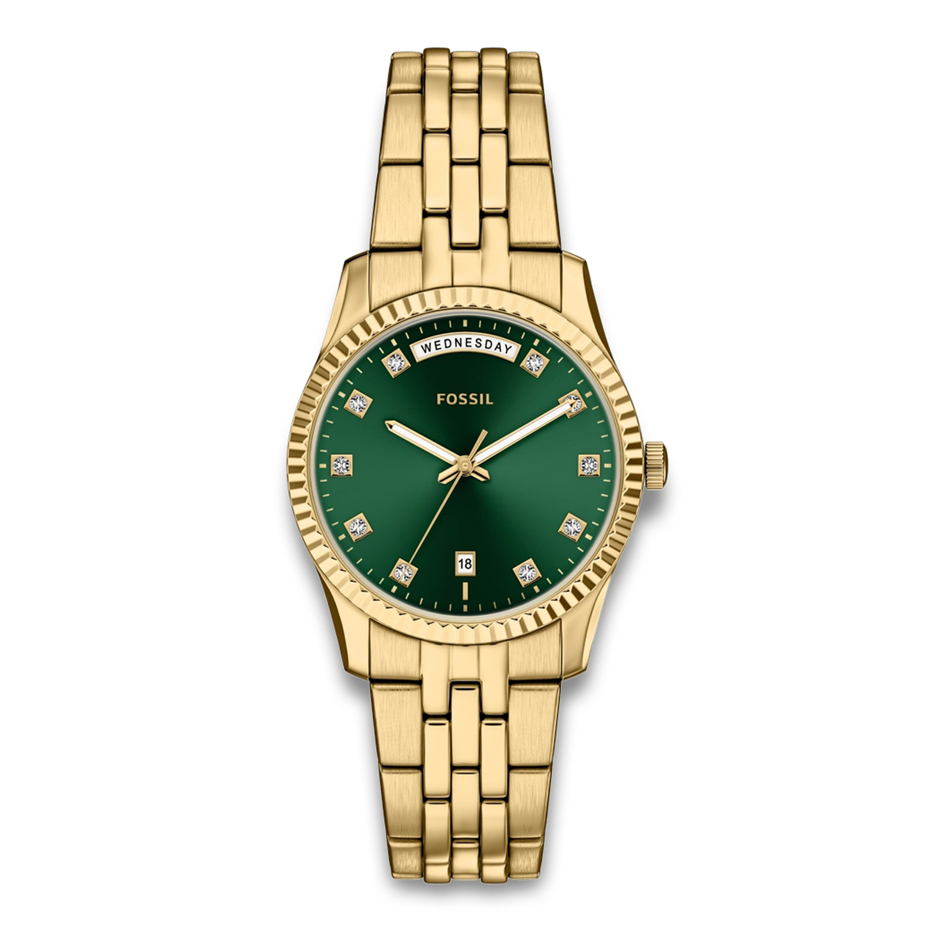 Fossil Scarlette ES5460 dameur med guldfarvet stållænke og grøn urskive.