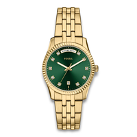 Fossil Scarlette ES5460 dameur med guldfarvet stållænke og grøn urskive.