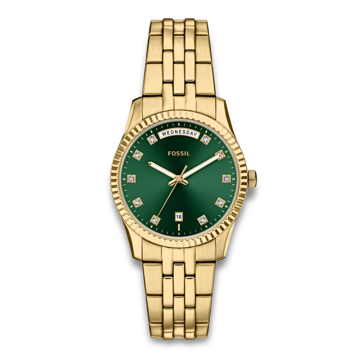 Fossil Scarlette ES5460 dameur med guldfarvet stållænke og grøn urskive.
