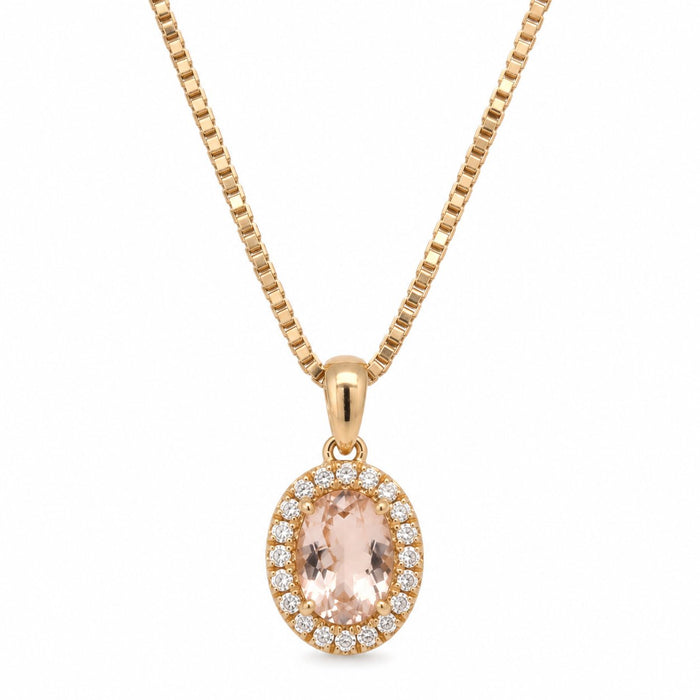 Frejas vedhæng i 18 karat guld med oval rosa morganit omkranset af diamanter, hvid baggrund