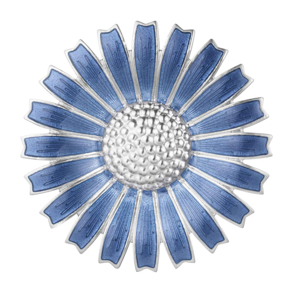 Georg Jensen Daisy broche i sterlingsølv med blå emalje set forfra