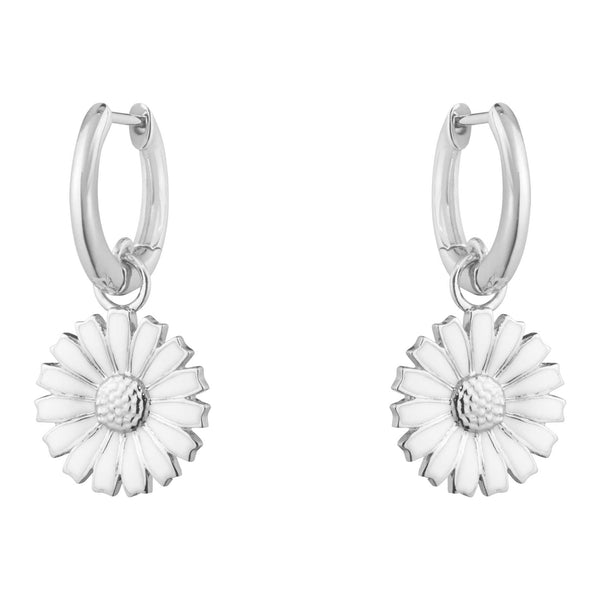 Georg Jensen Daisy creoler i sterlingsølv med hængende hvid marguerit