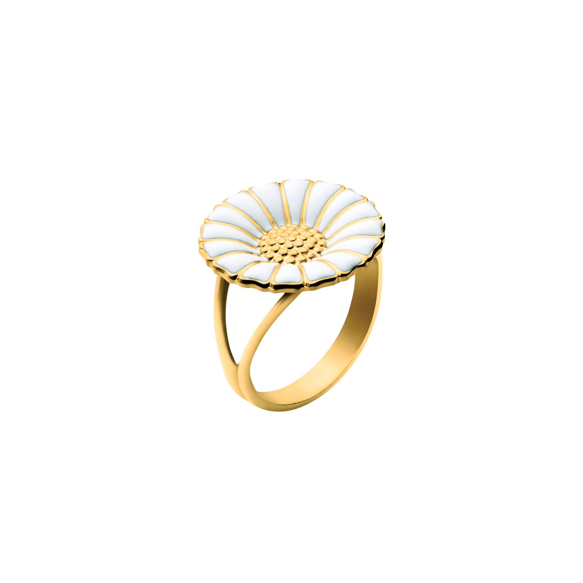 Georg Jensen Daisy stor ring i forgyldt sterlingsølv med håndmalet hvid emalje