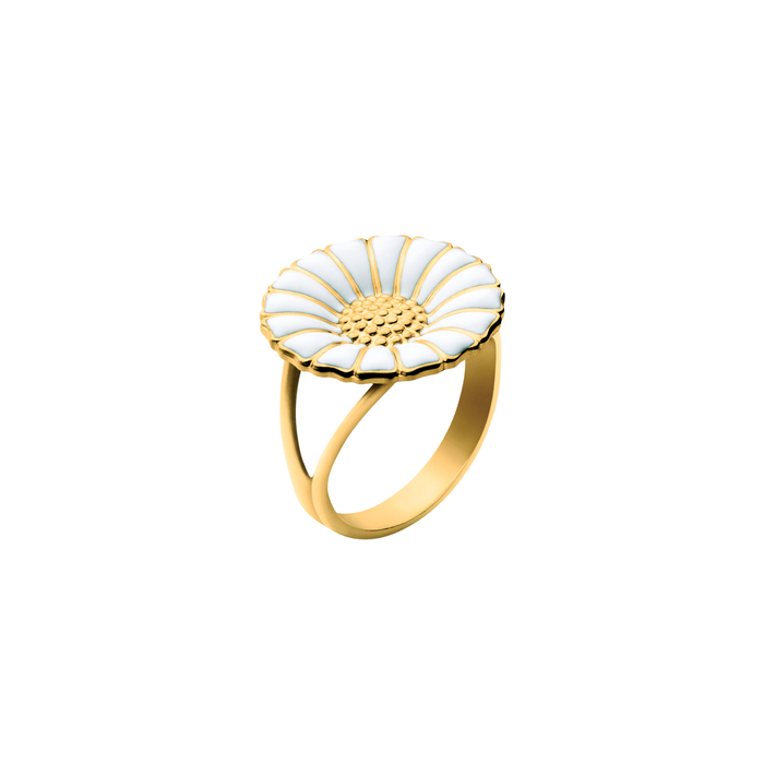 Georg Jensen Daisy stor ring i forgyldt sterlingsølv med håndmalet hvid emalje