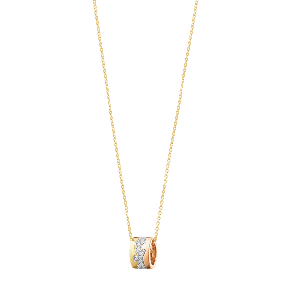 Georg Jensen Fusion halskæde med pavé vedhæng i tre farver guld, set forfra