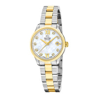 Jaguar D. Acamar Classic dameur 29 mm J1059/2 i tofarvet stål og guld med hvid perlemorsurskive og krystaller – forfra