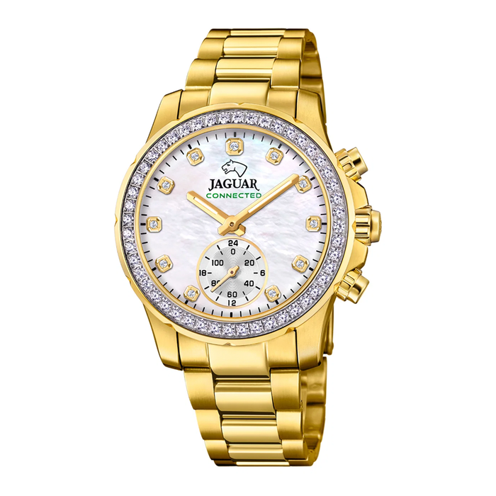Jaguar D. Connected dameur 36 mm J983/1 i guldfarvet stål med hvid perlemorsurskive og krystalbesat lynette