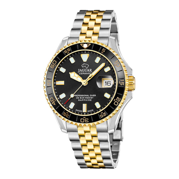 Jaguar Diver Ceramic herreur 41,5 mm J1055/1 i tofarvet stål og guld med sort urskive og sort keramisk lynette – forfra