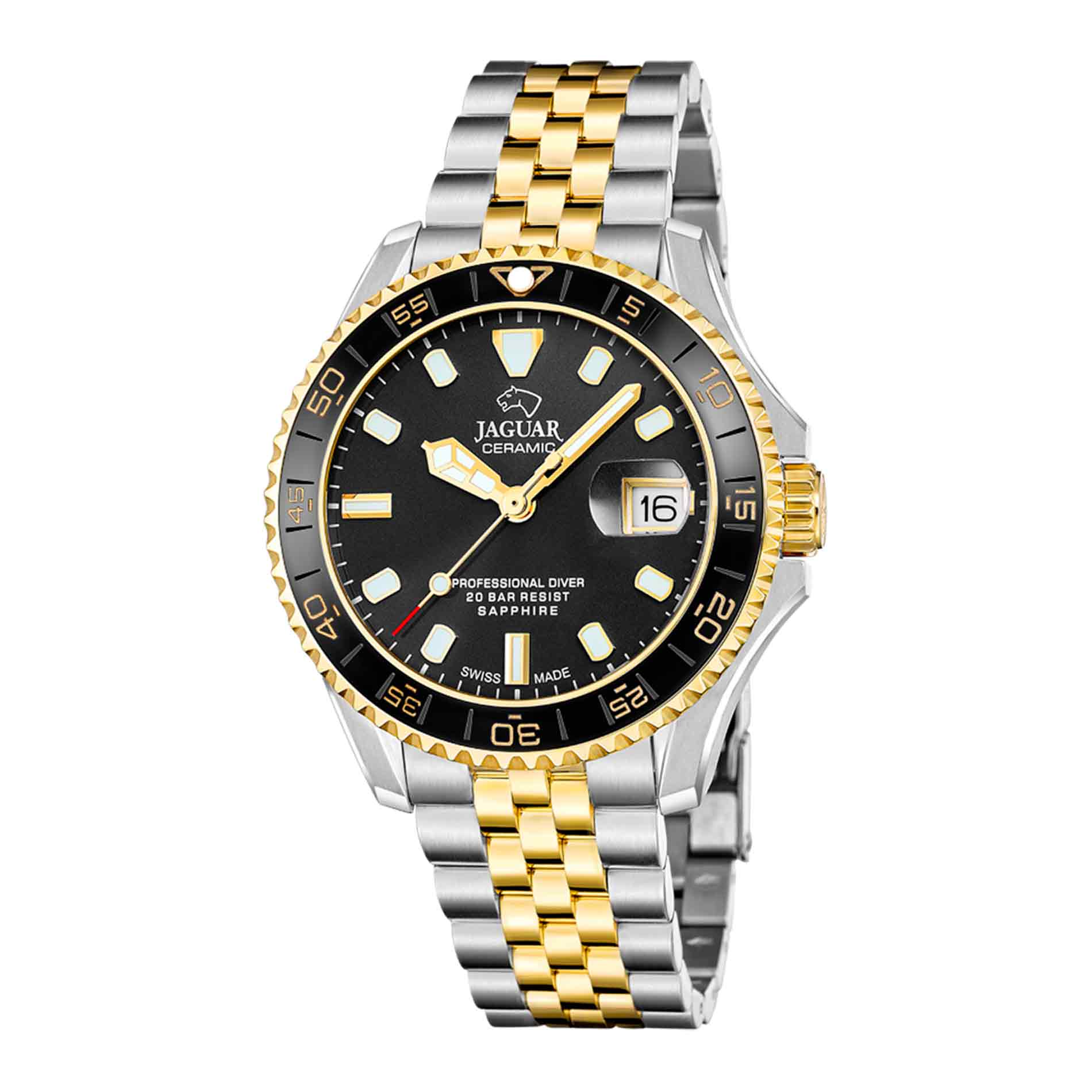 Jaguar Diver Ceramic herreur 41,5 mm J1055/1 i tofarvet stål og guld med sort urskive og sort keramisk lynette – forfra