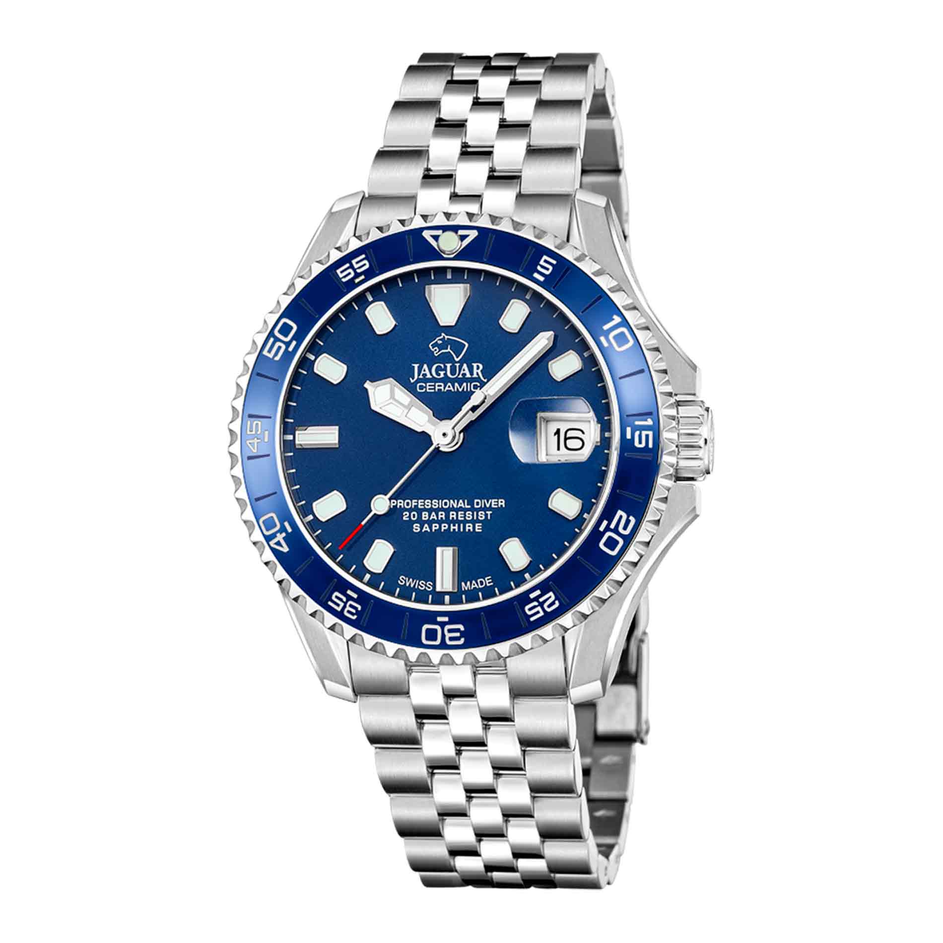 Jaguar Diver Ceramic herreur 41 mm J1054/2 i rustfrit stål med blå urskive og blå keramisk lynette – forfra