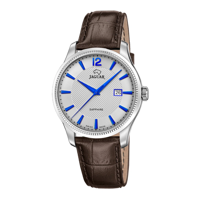 Jaguar H. Acamar Classic herreur 40 mm J1042/2 med sølvfarvet urskive, blå visere, brun læderrem og safirglas
