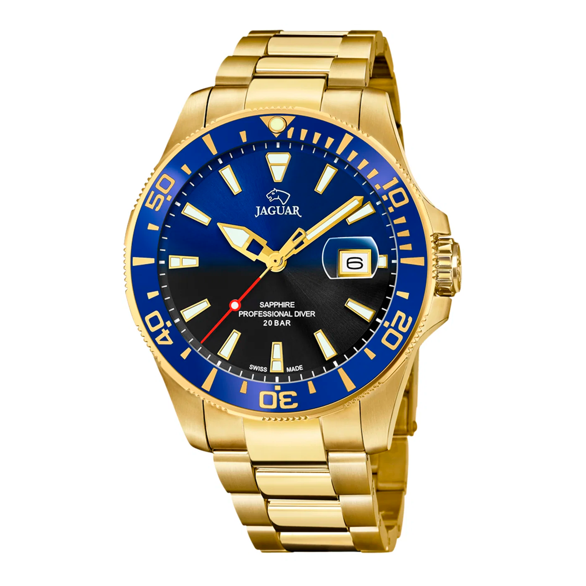 Jaguar H. Professional Diver herreur 43 mm J877/4 med blå og sort urskive samt guldfarvet stållænke