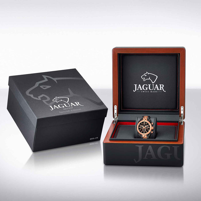 Jaguar ur i sort og rosaguld stål med sort skive, i æske