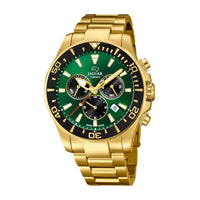 Guldtonet stålur med grøn skive og sort krans fra Jaguar