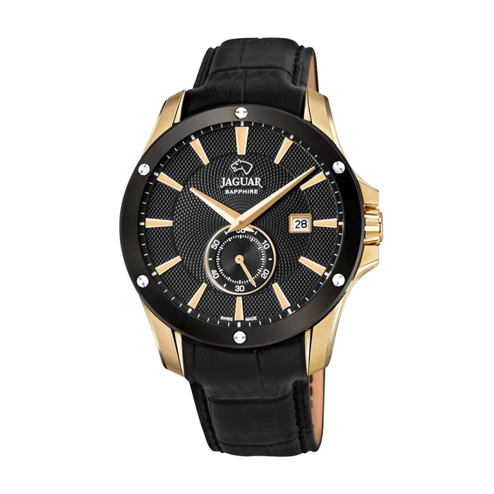 Jaguar ur med sort skive, sort læderrem og guld urkasse