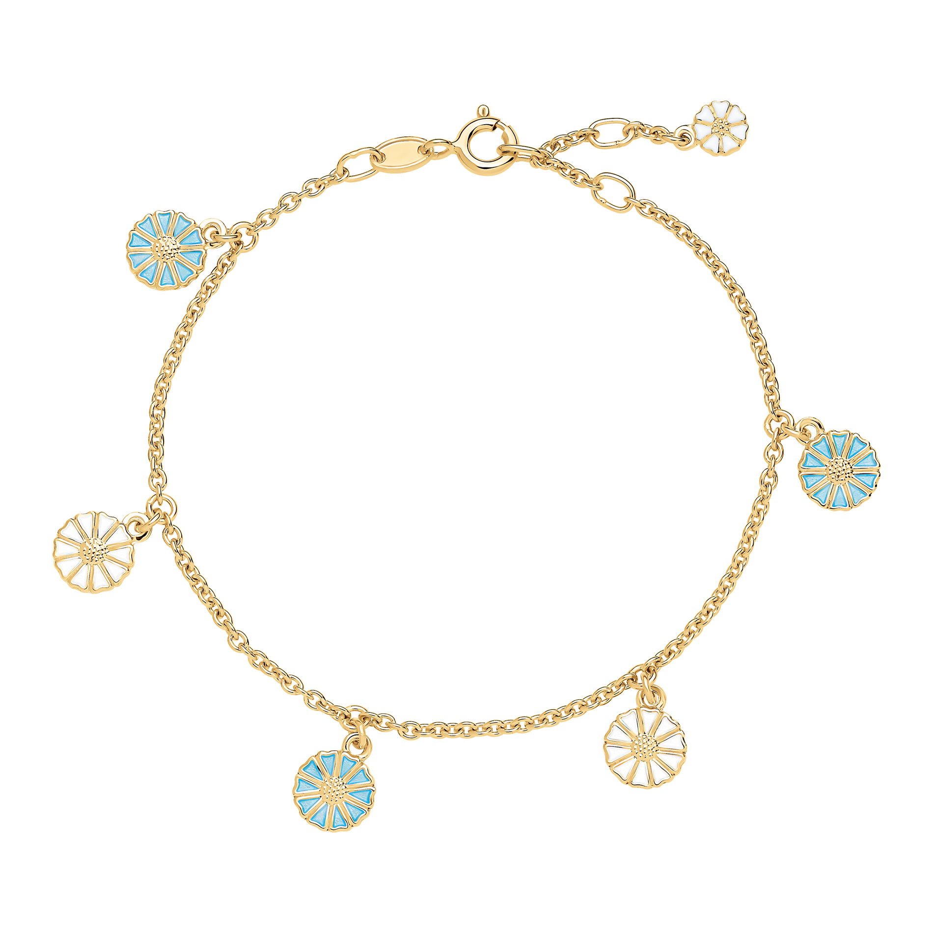 Lund Copenhagen Marguerit armbånd i forgyldt sølv med blå og hvide margueritter i 5 mm og 7,5 mm