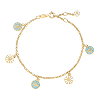 Lund Copenhagen Marguerit armbånd i forgyldt sølv med blå og hvide margueritter i 5 mm og 7,5 mm