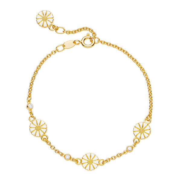 Lund Copenhagen Marguerit armbånd i forgyldt sølv med hvide margueritter og zirkonia