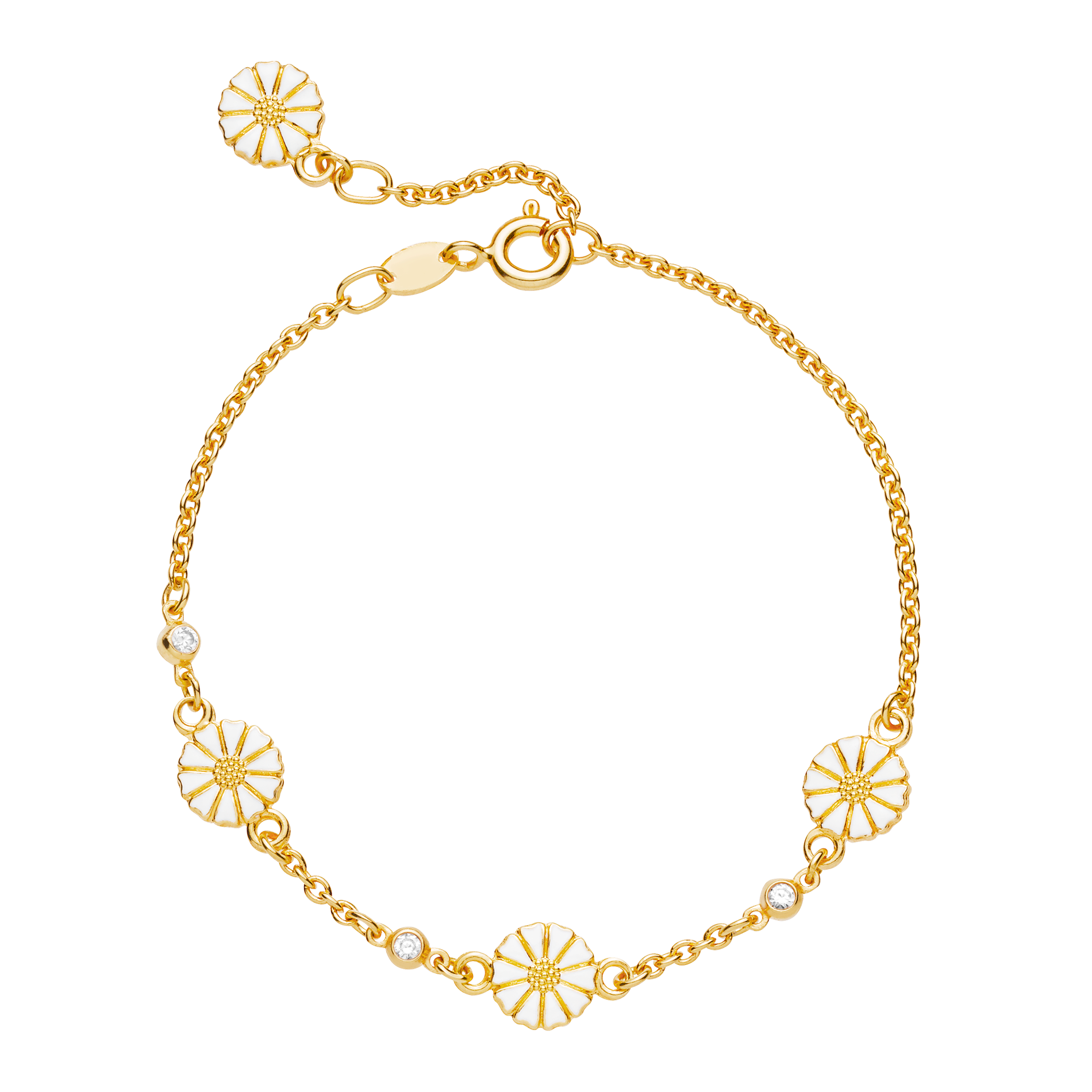 Lund Copenhagen Marguerit armbånd i forgyldt sølv med hvide margueritter og zirkonia