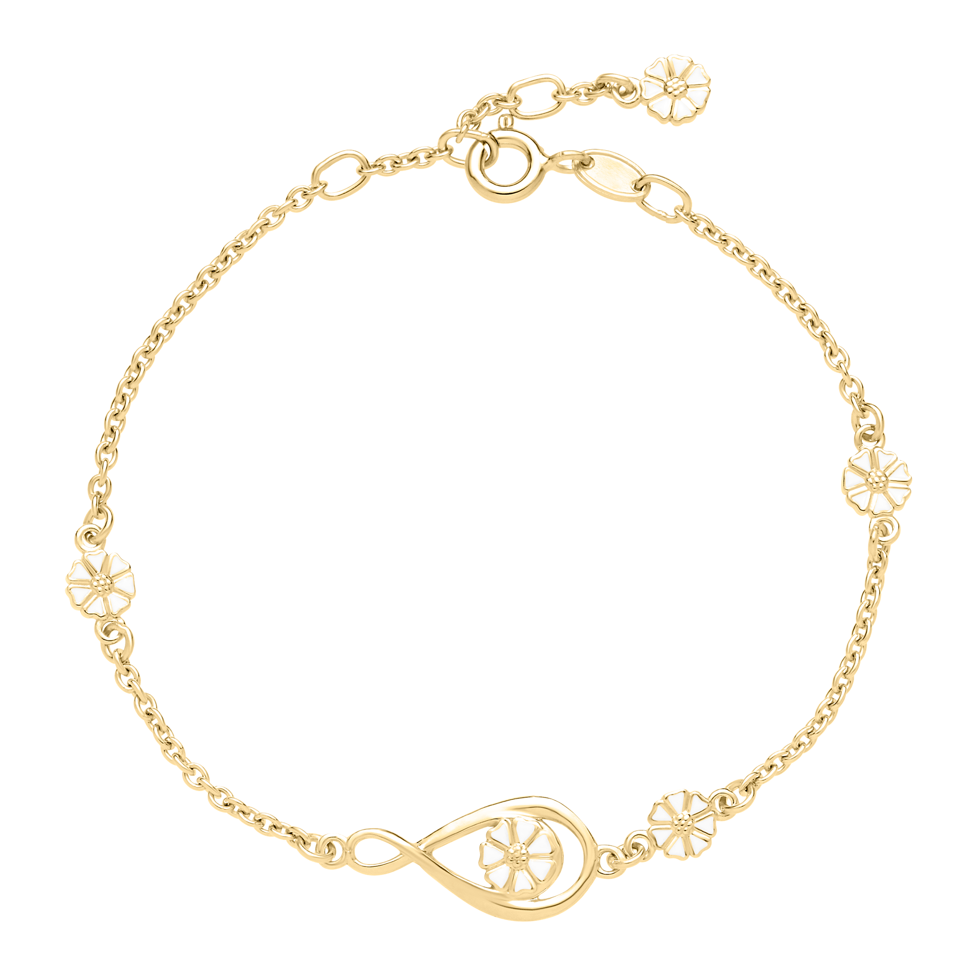Lund Copenhagen Marguerit armbånd i forgyldt sølv med hvid emalje og infinity-symbol