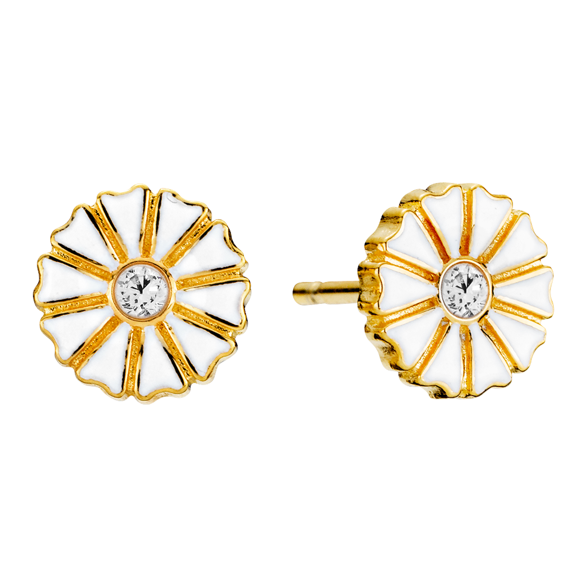 Lund Copenhagen Marguerit ørestikker i 24 kt forgyldt sølv med hvid emalje, zirkonia og 7,5 mm marguerit