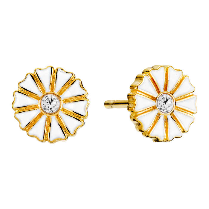 Lund Copenhagen Marguerit ørestikker i 24 kt forgyldt sølv med hvid emalje, zirkonia og 7,5 mm marguerit