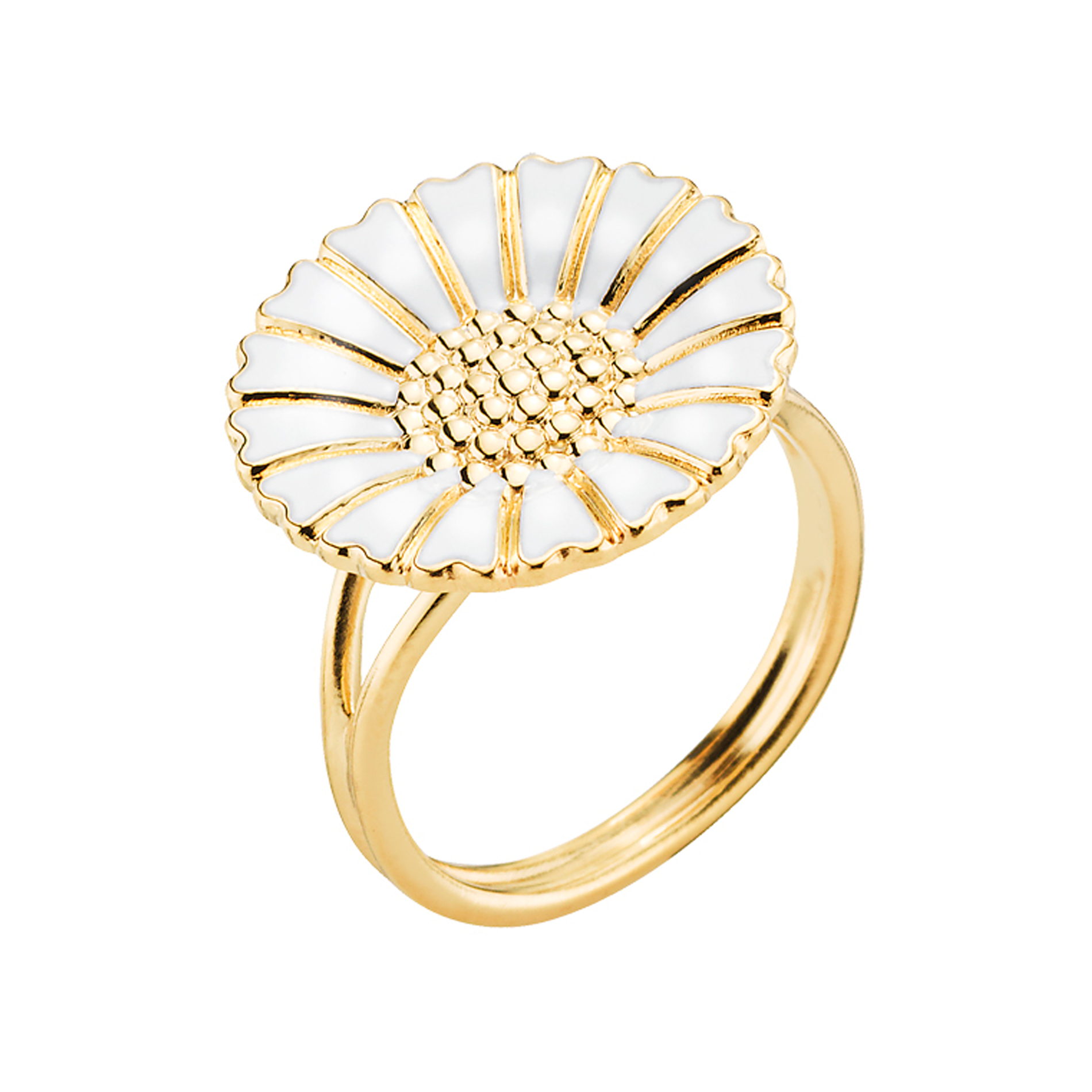 Lund Copenhagen Marguerit ring 18 mm i forgyldt sterling sølv med hvid emalje