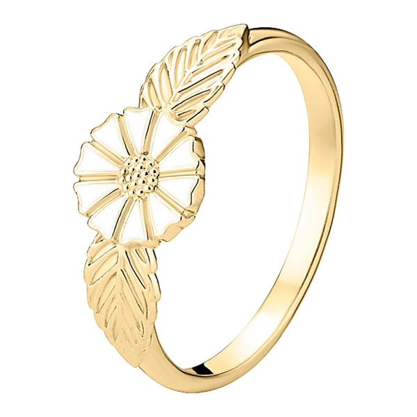 Lund Copenhagen Marguerit ring med blad i 24 karat forgyldt sølv og hvid emalje