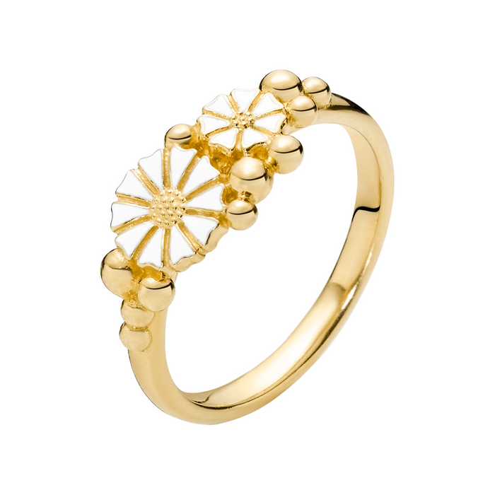 Lund Copenhagen Marguerit ring i 24 kt forgyldt sølv med hvid emalje, kugledetaljer og margueritter på 5 mm og 7,5 mm
