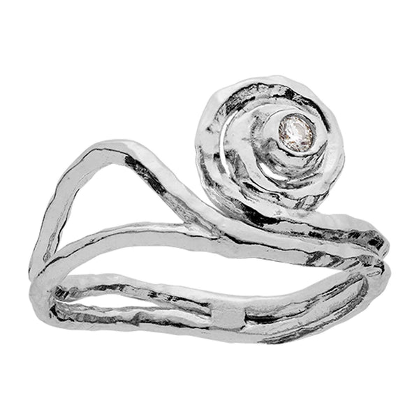 Maanesten Devi ring i sølv med hvid zirkonia og organisk spiraldesign