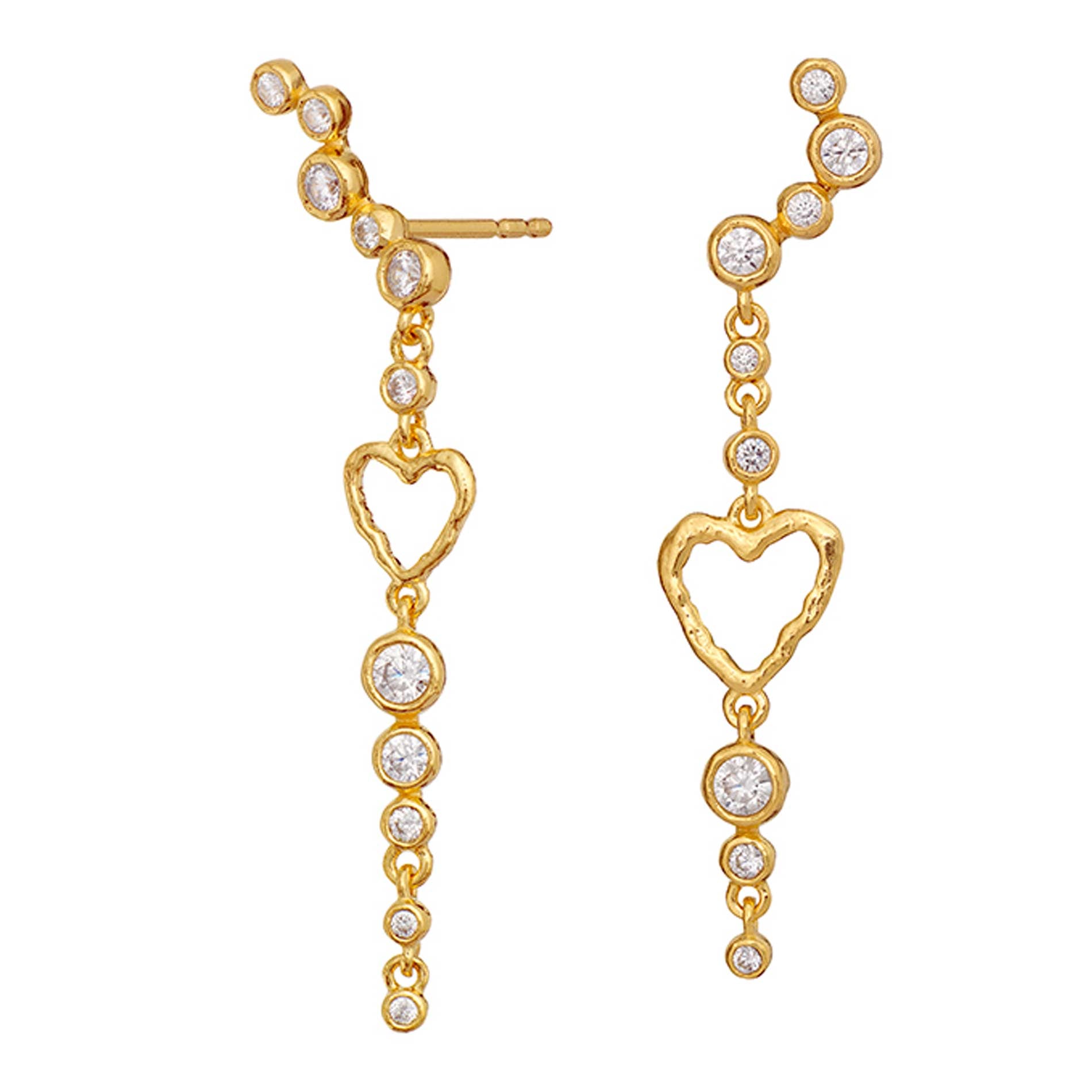 Maanesten Ina øreringe i forgyldt sølv med hjerter og hvide zirkonia set fra siden