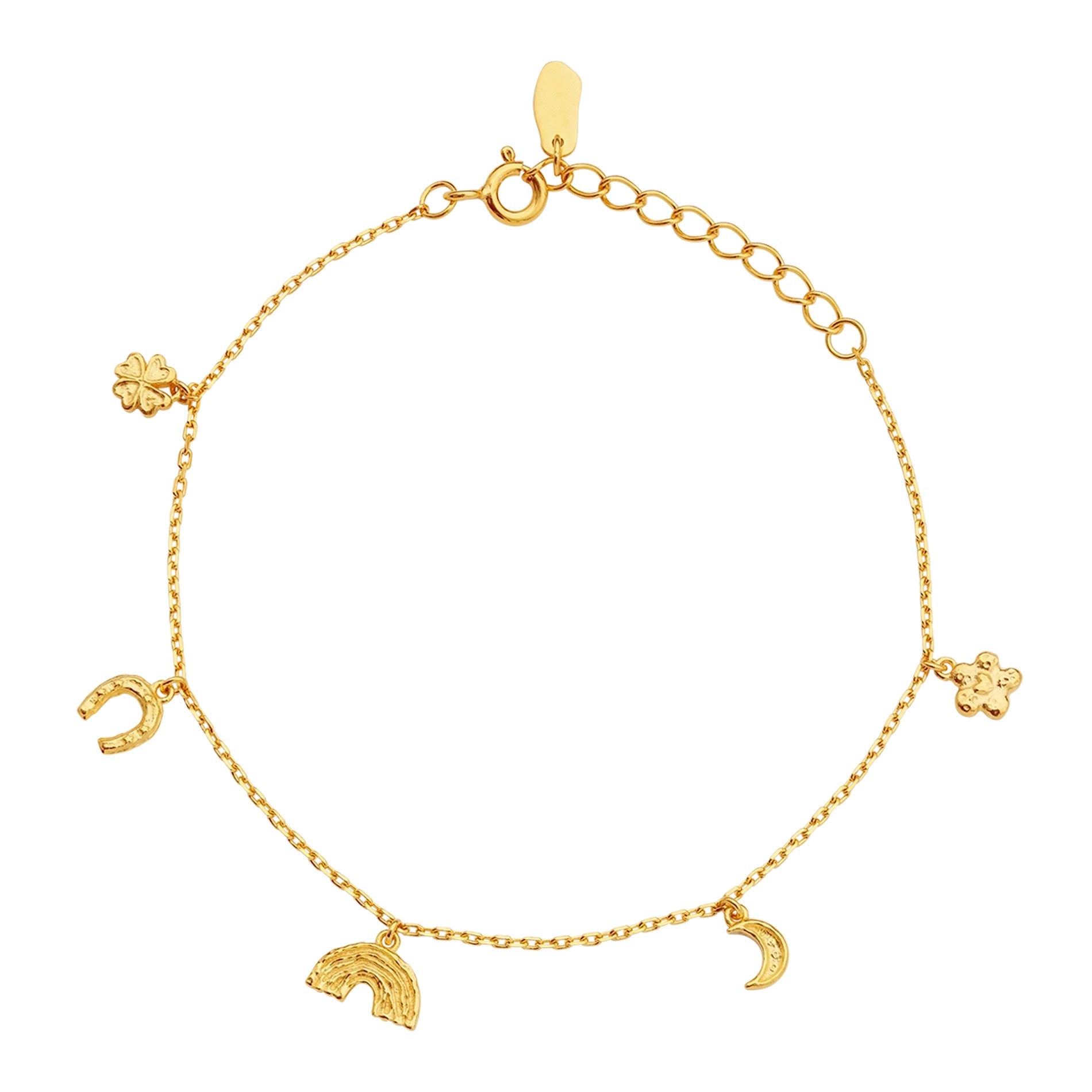 Maanesten Lucky Charm armbånd i forgyldt genanvendt sterling sølv med hestesko, regnbue, måne og blomst