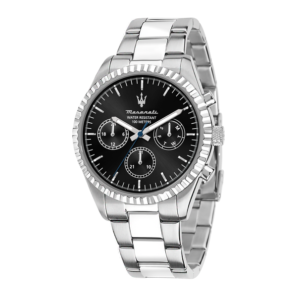 Maserati Competizione herreur 43 mm med sort urskive og stållænke.