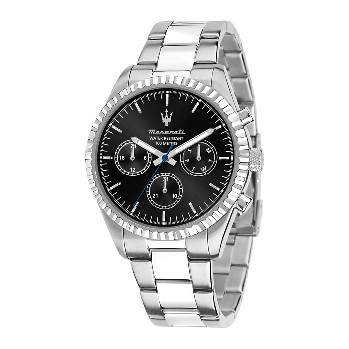 Maserati Competizione herreur 43 mm med sort urskive og stållænke.
