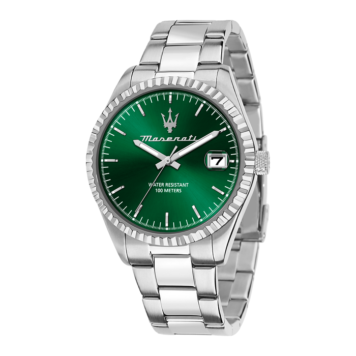 Maserati Competizione herreur 43 mm med grøn urskive og stållænke.