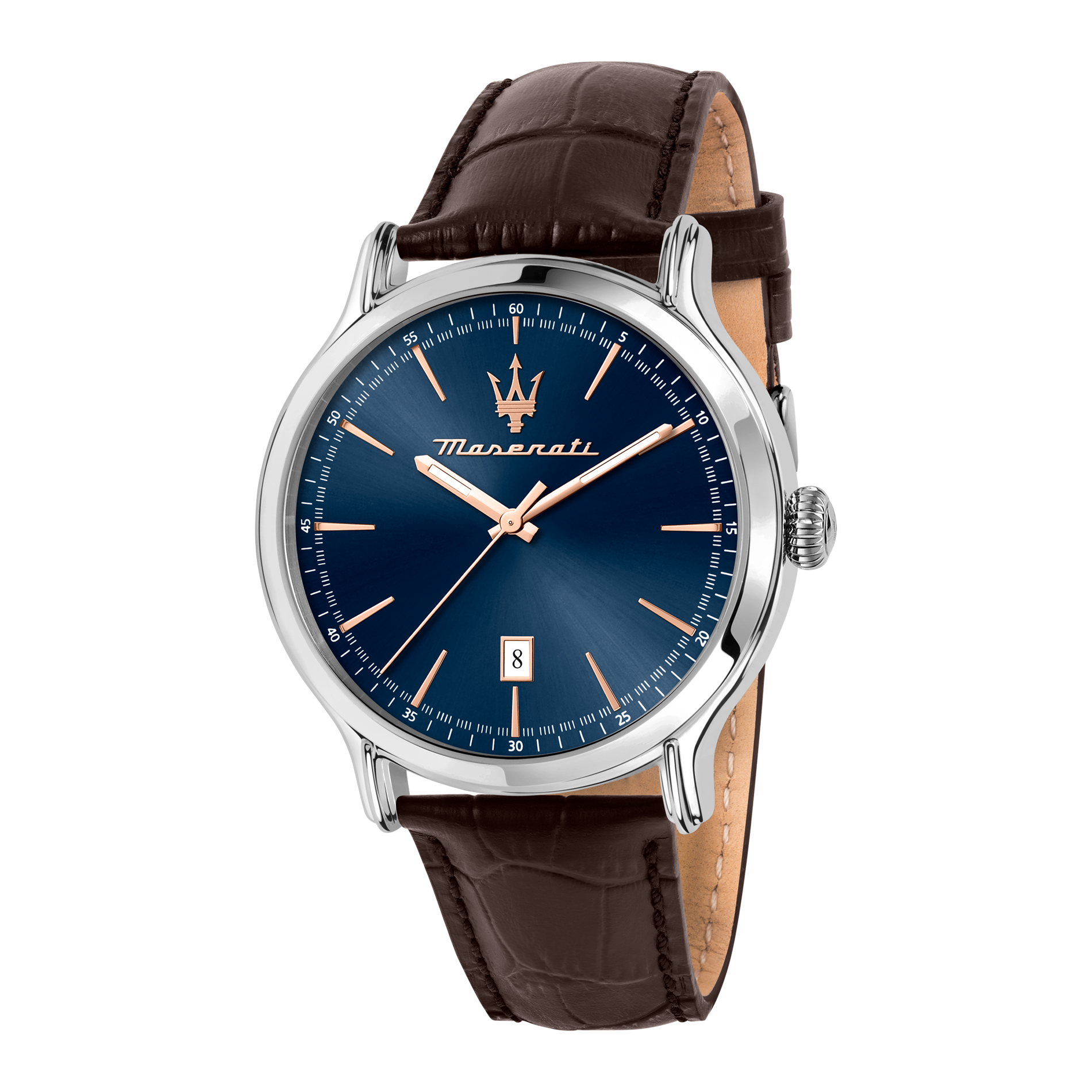 Maserati Epoca herreur 42 mm med blå urskive og brun læderrem.