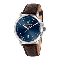 Maserati Epoca herreur 42 mm med blå urskive og brun læderrem.